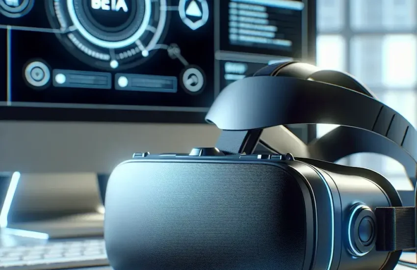 "PlayStation VR2 headset displayed on a desk with PC setup, showcasing new firmware features in beta mode as highlighted in the article 'PlayStation VR2 Firmware Adds PC Mode Beta: A Comprehensive Overview.'"