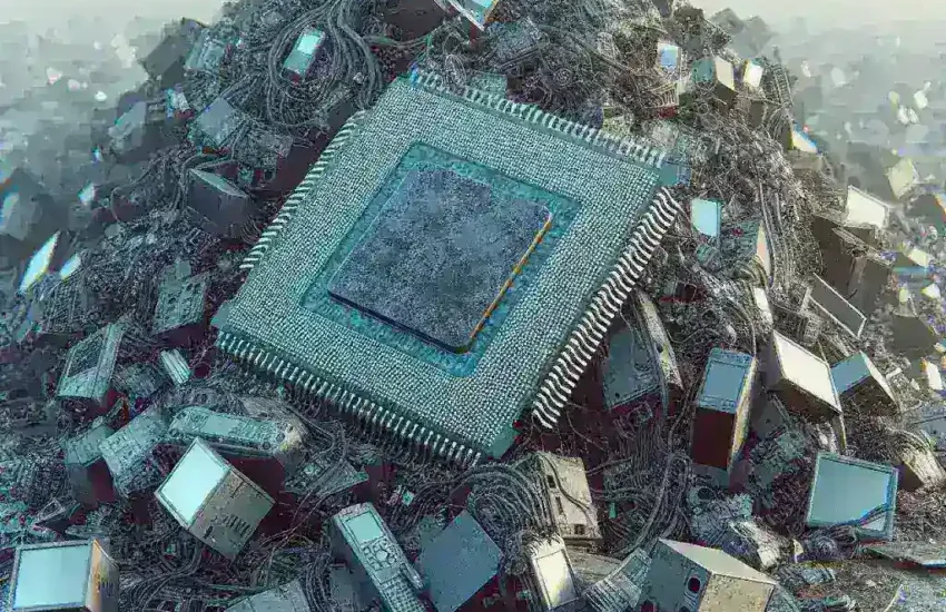 "Close-up of discarded AI hardware components, highlighting the growing e-waste challenge linked to rapid technology advancements, illustrating concerns over environmental impact and sustainability in the tech industry."
