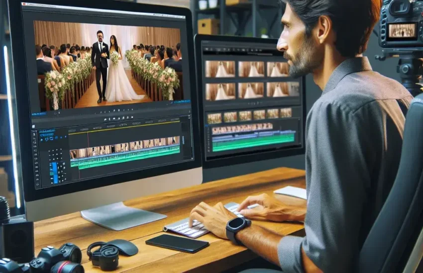 "Professional wedding video editing process showcasing a videographer working on a client's wedding footage with editing software, highlighting tips for enhancing visual storytelling in wedding videos."