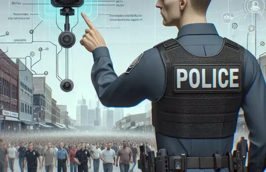 "U.S. police officer wearing a body camera during a field test with real-time AI transcription technology to enhance accountability and transparency in law enforcement."